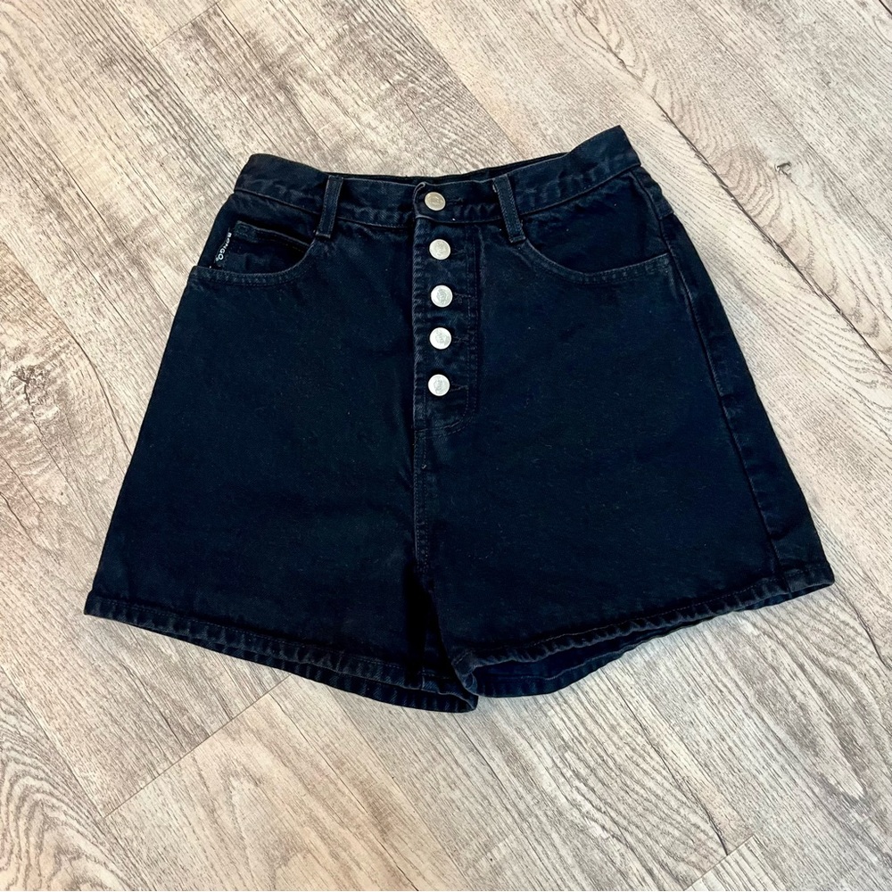 Vintage Nineties 90s Women’s Black Denim Button Fly High Waisted Mom Shorts